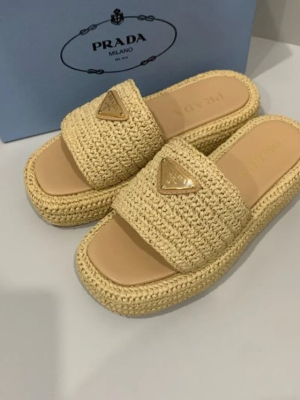 Prada Beige Woven Raffia Slide Sandals - Size 37 - Picture 3 of 7